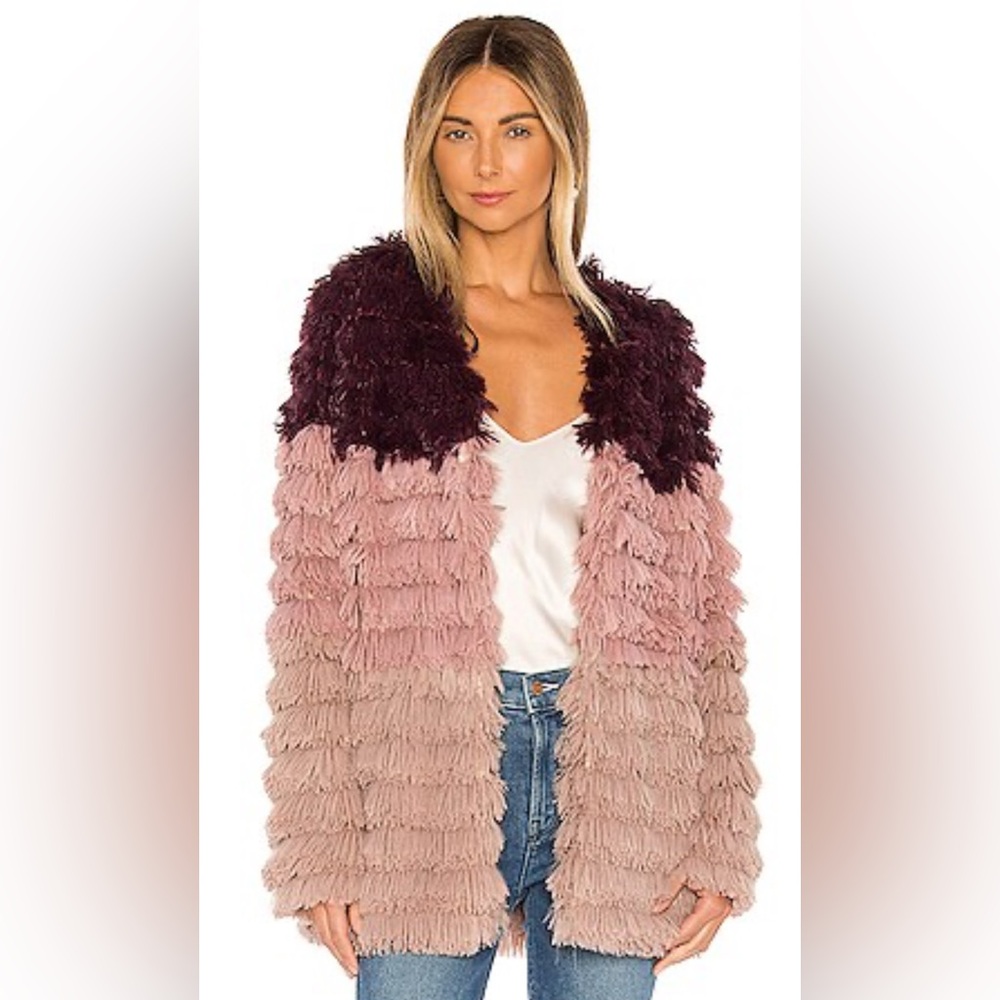 MINKPINK Revolve Faux Fur Fringe Jacket in pink gradient color scheme